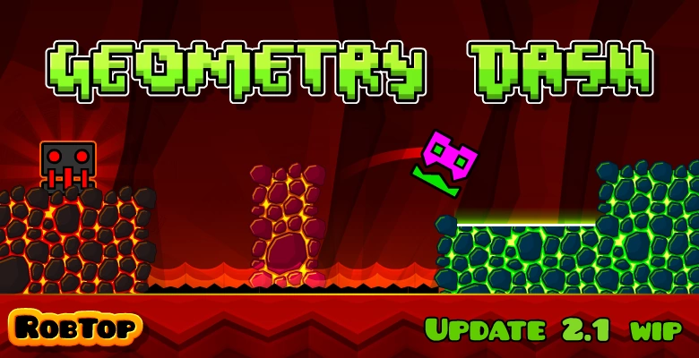 Geometry Dash promo picture for 2.1 showing Fingerdash level (2017)